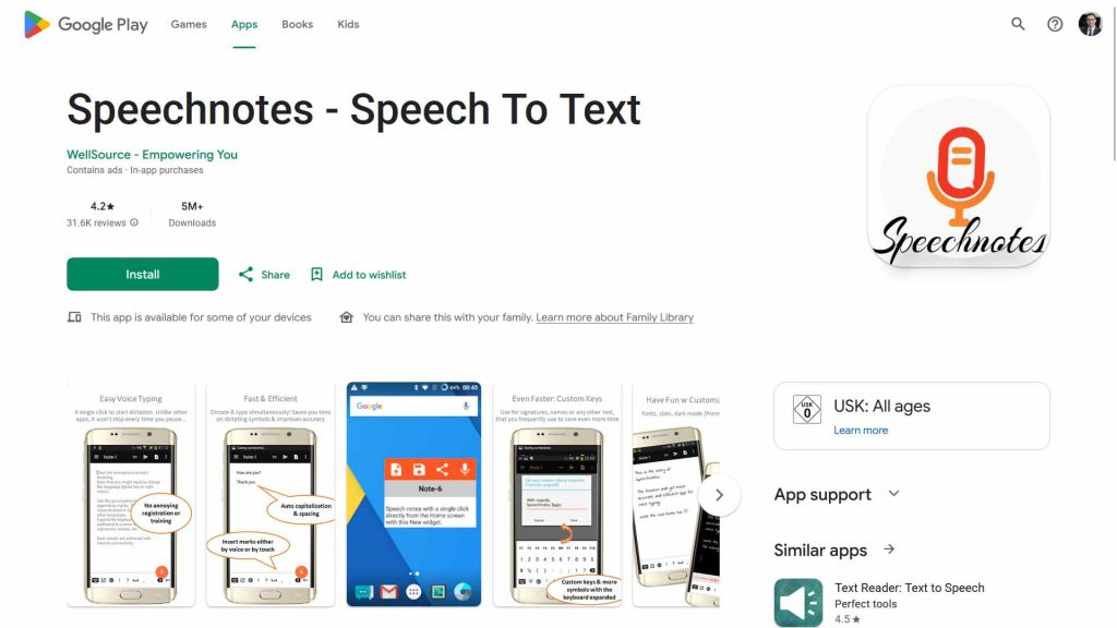 اپلیکیشن Speechnotes در گوگل‌پلی
