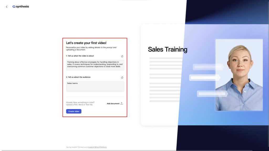 وارد کردن متن و انتخاب مخاطب در Synthesia برای ساخت ویدیو هوش مصنوعی