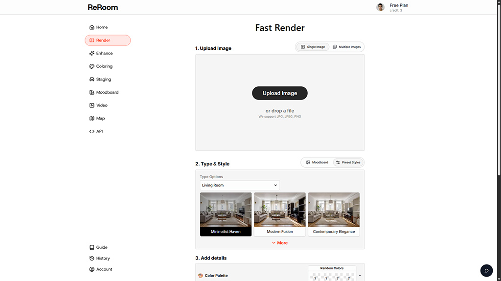 صفحه Render، بخش اول شامل Upload Image و Type & Style