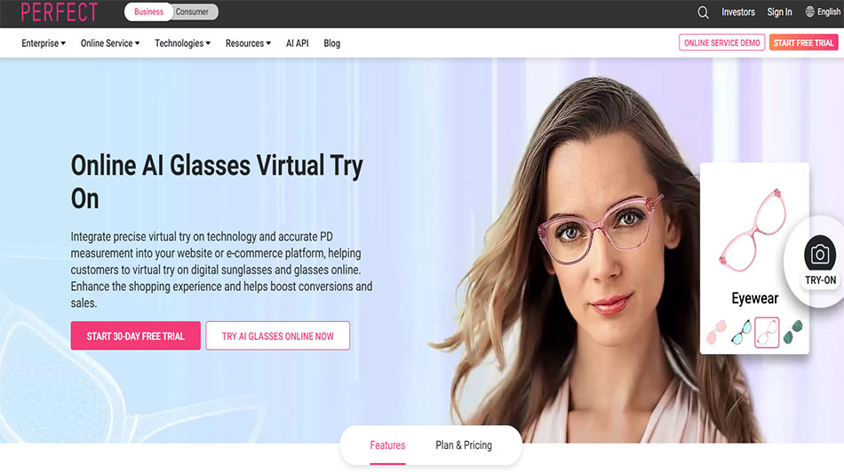 تست مجازی عینک و جواهر روی صورت با هوش مصنوعی توسط Perfect Corp