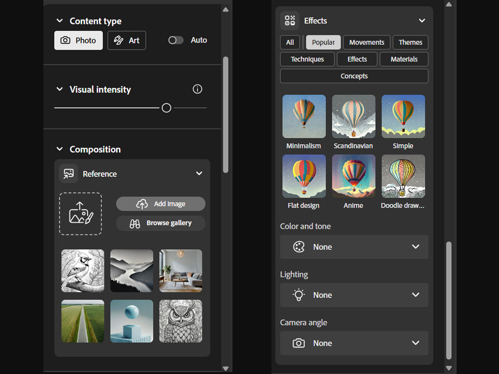 پنل سمت چپ سایت Adobe Firefly با تنظیمات Visual Intensity و Composition.