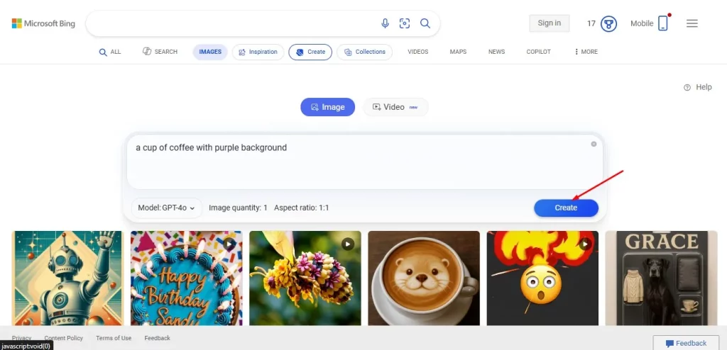 دکمه Create در Bing Image Creator برای ساخت تصویر
