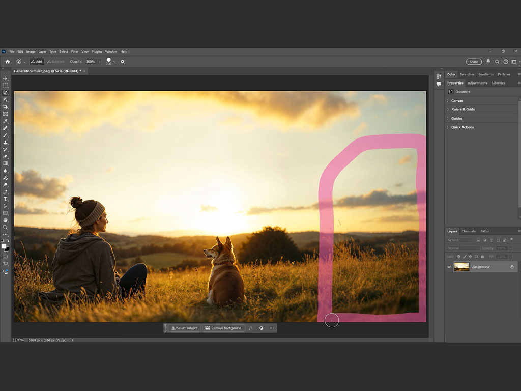 محدوده انتخاب شده برای Generative Fill در Adobe Firefly