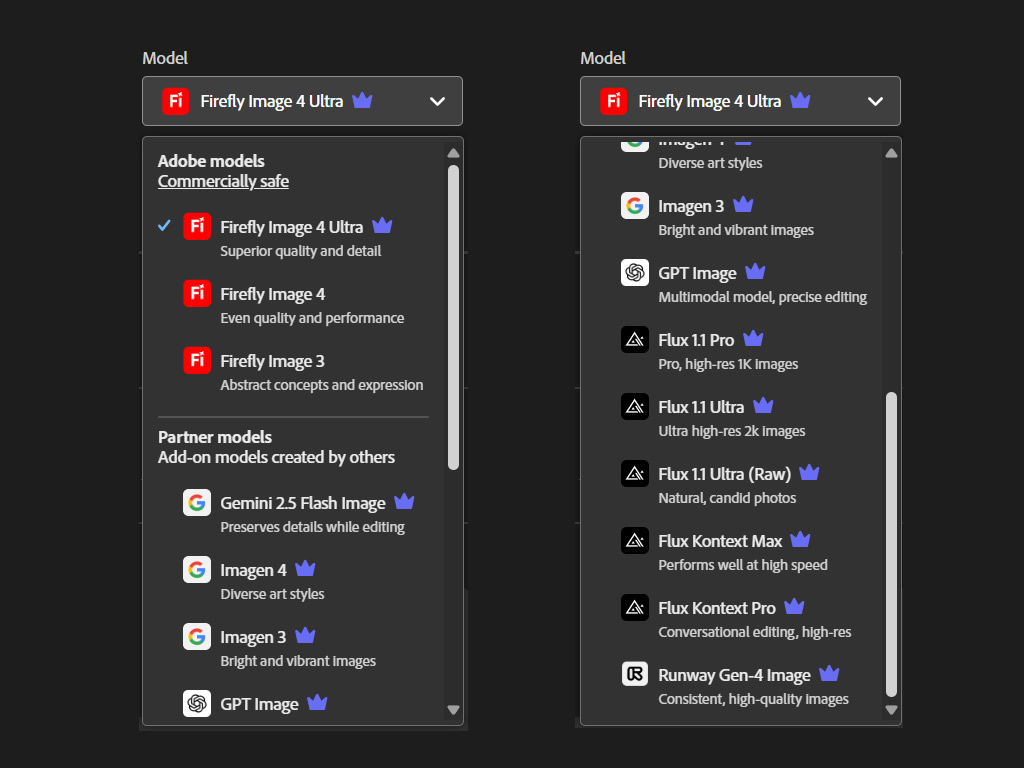 نمایی از چند مدل AI در Adobe Firefly که برای تولید تصاویر، ویدیوها و افکتهای صوتی استفاده میشوند، شامل مدلهای پیشرفته با آیکن تاج و مدلهای رایگان Firefly Image 3 و 4.
