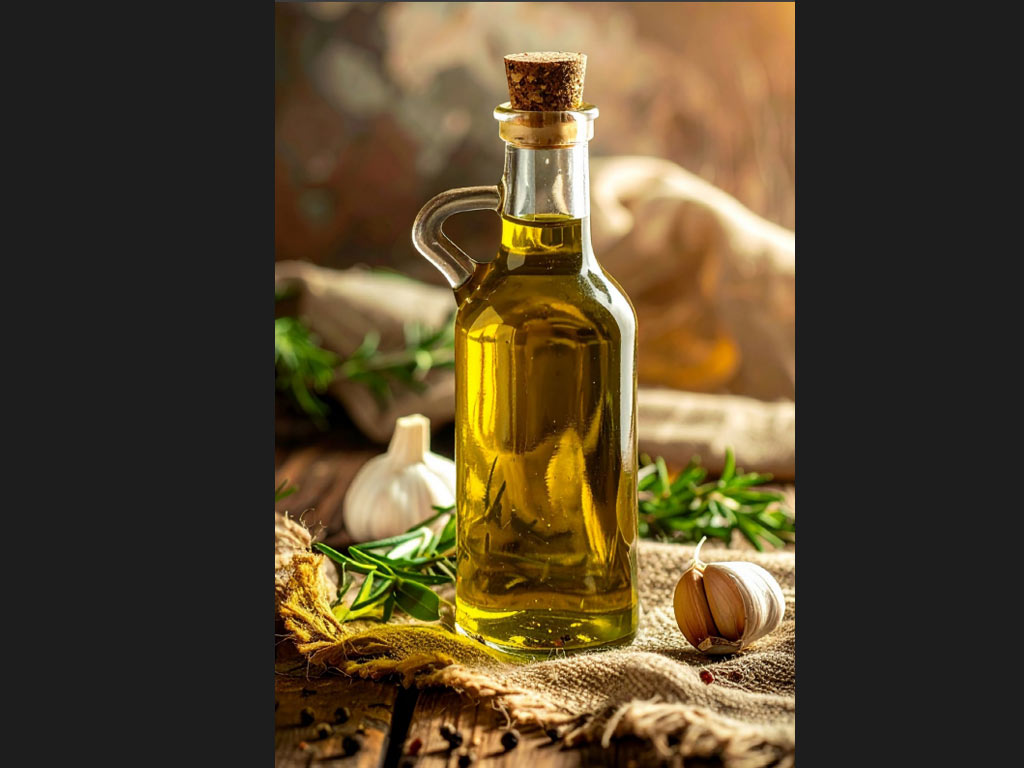 بطری روغن زیتون روی چوب روستایی با پارچه لینن پاره و چیدمان گیاهان و سیر، نور طلایی از کنار و جلوه محصول حرفهای ساخته شده با Adobe Firefly