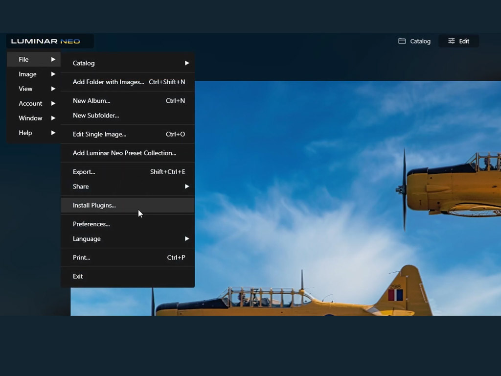انتخاب مسیر File → Install Plugins برای فعال‌سازی Luminar Neo در فتوشاپ