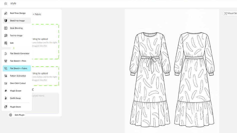 انتخاب ابزار Flat Sketch × Fabric در LOOK Fashion AI برای طراحی لباس با هوش مصنوعی