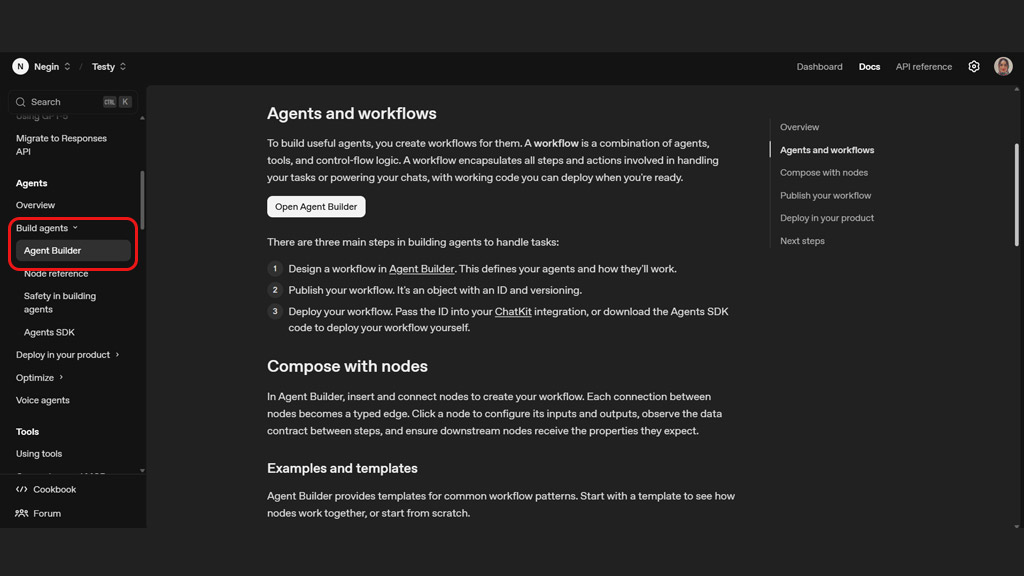 نمایی از بخش Agents در داشبورد OpenAI Agent Platform و انتخاب گزینه Build Agents و سپس Agent Builder برای ساخت ایجنت جدید
