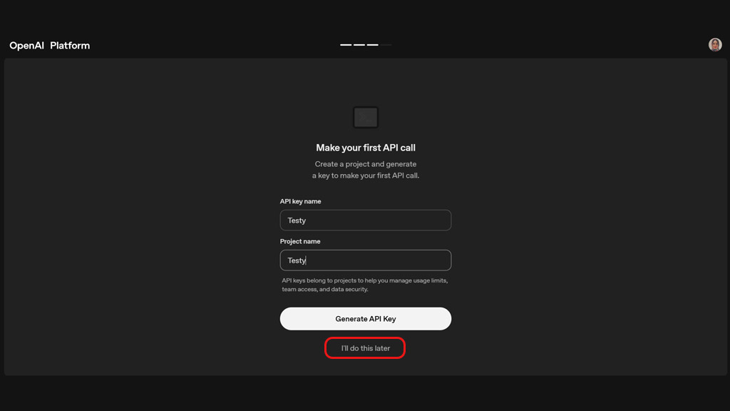 نمایی از صفحه AgentKit در پلتفرم OpenAI که کاربر میتواند API برنامه خود را وارد کند و با گزینه "I'll do this later" مراحل اتصال را بعداً انجام دهد
