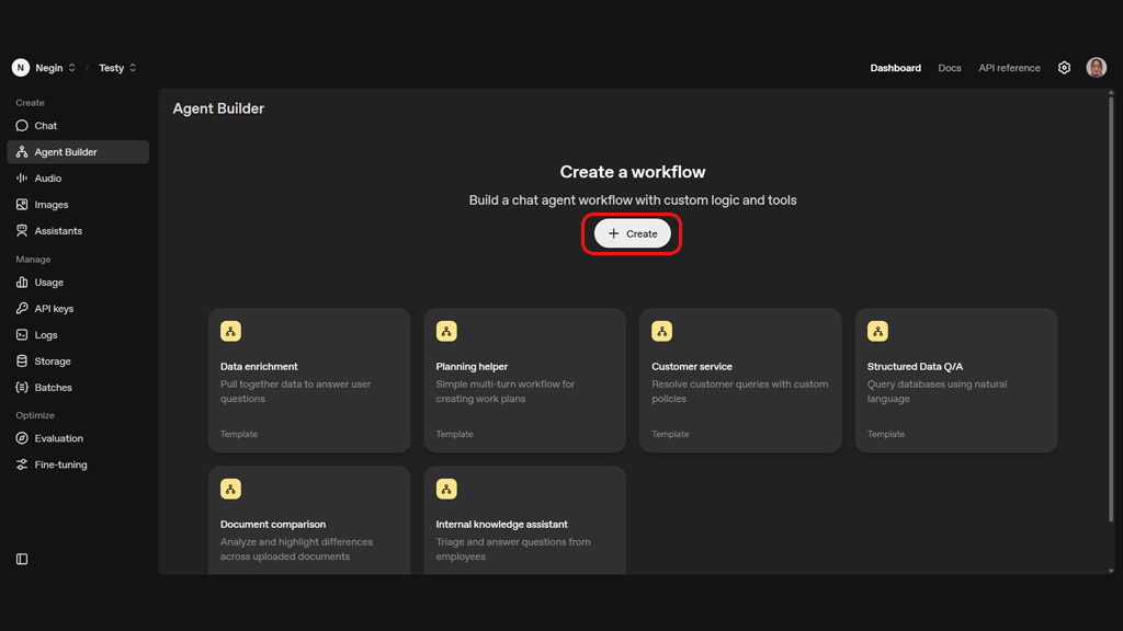 نمایی از صفحه ساخت AgentKit در پلتفرم OpenAI که شامل دکمههای Open Agent Builder و Create برای ایجاد ایجنت جدید است