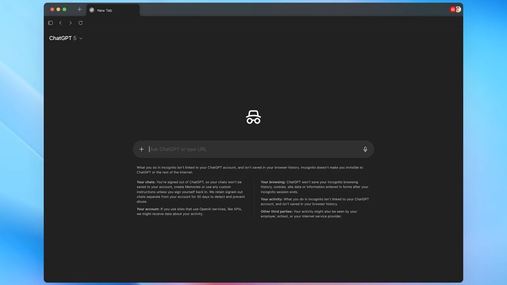 مرورگر هوش مصنوعی Atlas در حالت ناشناس (Incognito) برای حفظ حریم خصوصی و بدون اتصال به ChatGPT