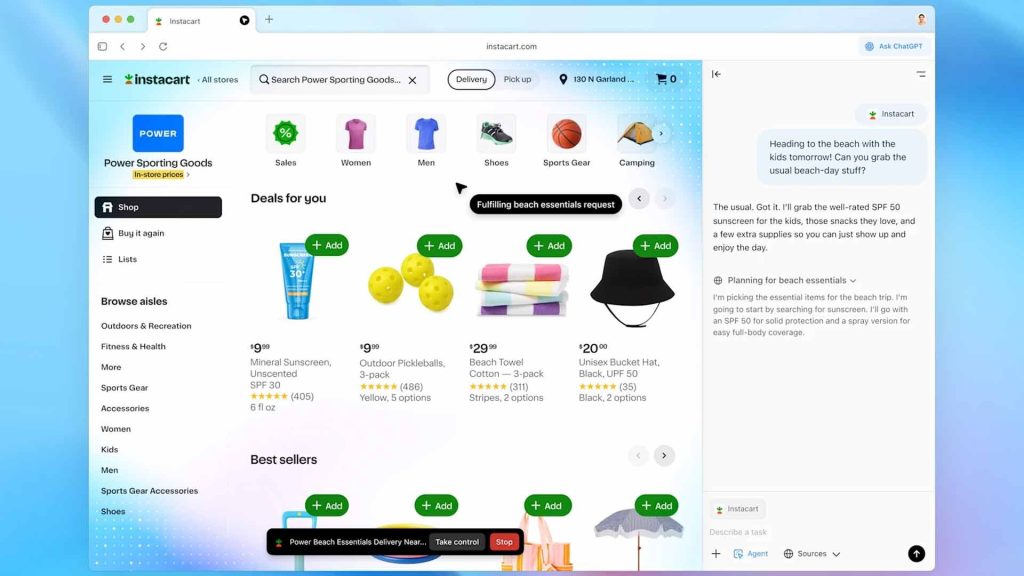 مرورگر هوش مصنوعی در حالت Agent Mode در حال کمک به کاربر برای برنامهریزی مهمانی شام و سفارش مواد غذایی آنلاین