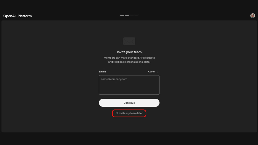 نمایی از فرم AgentKit در پلتفرم OpenAI که کاربر ایمیل خود را وارد میکند و میتواند با گزینه "I'll invite my team later" دعوت تیم را بعداً انجام دهد