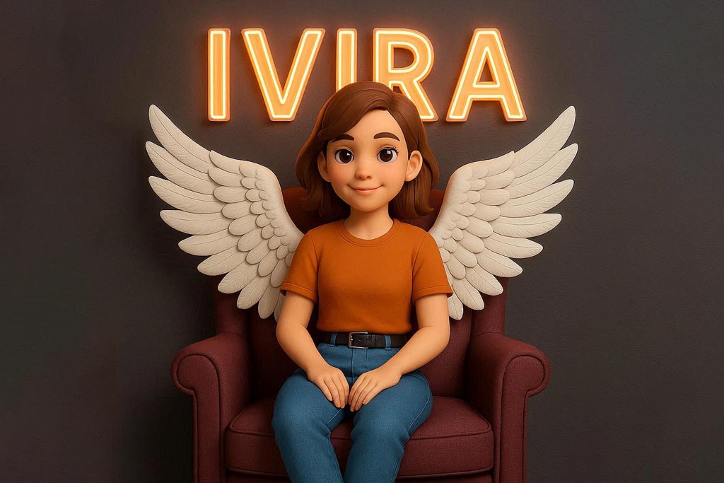 آواتار ۳ بعدی دختر با بال فرشته روی صندلی Wingback و پسزمینه نئون iVira