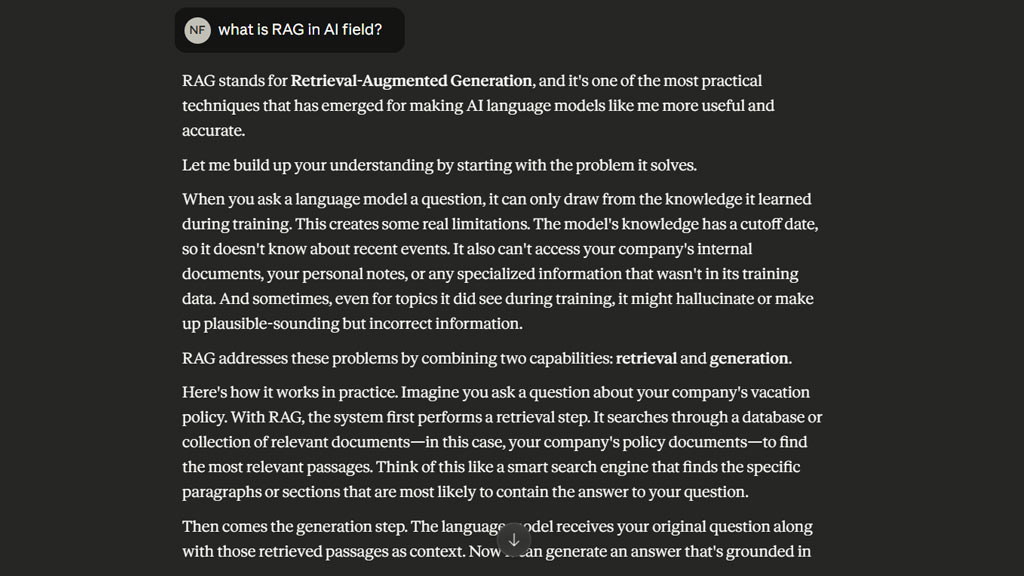 Claude AI در حال ارائه پاسخ کامل و آموزش فریمورک RAG با حالت توضیحدهی عمیق