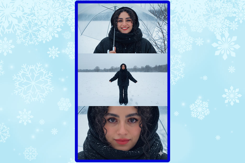 ساخت عکس برفی کلاژ سه‌صحنه‌ای زمستانی با پرتره احساسی و چهره کاملاً واقعی