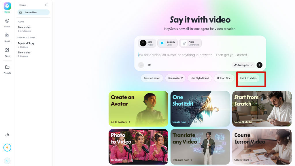 وارد کردن متن یا سناریو در بخش Script to Video ابزار HeyGen
