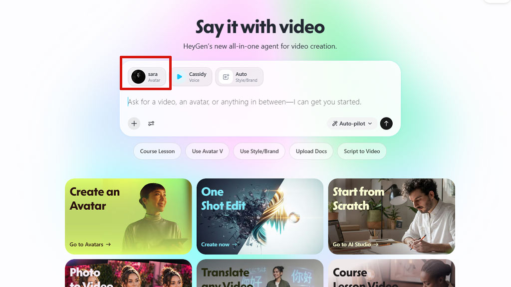 صفحه Home ابزار HeyGen و انتخاب بخش Say it with Video برای ساخت ویدیو
