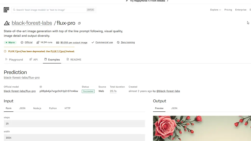 رابط کاربری وب‌سایت Replicate برای اجرای آنلاین مدل هوش مصنوعی Flux