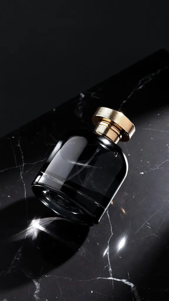 ساخت تصویر تبلیغاتی محصول با Grok؛ بطری عطر لوکس روی سطح مرمر مشکی با نور استودیویی