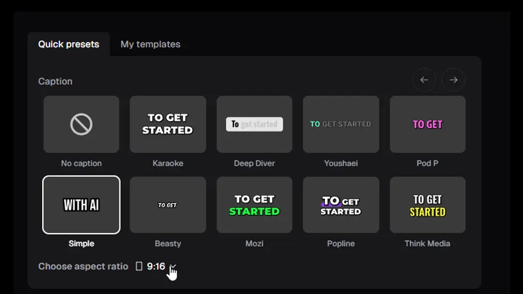 انتخاب قالب کپشن در بخش Quick Presets اپوس کلیپ